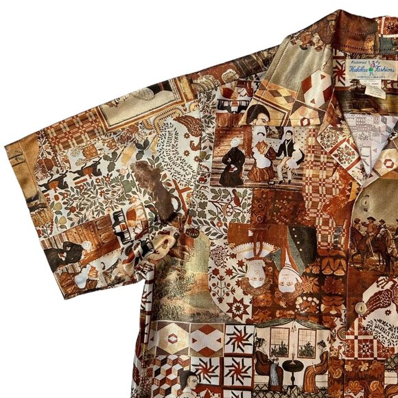 70s Vintage Novelty Print Button Up Shirt American History Folk Art Collage. - Picture 3 of 12